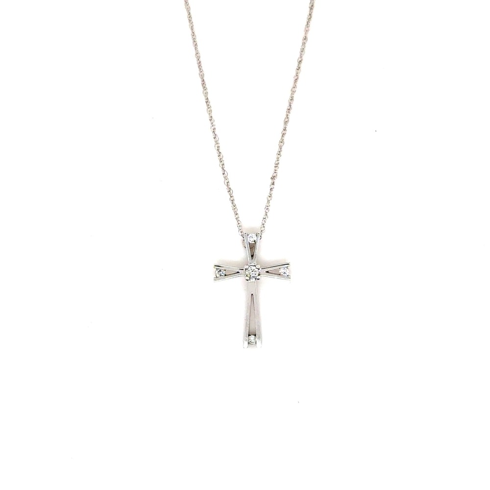 10k White Gold Diamond Cross Necklace 18 Inch Chain Small Natural Diamonds 1.2g